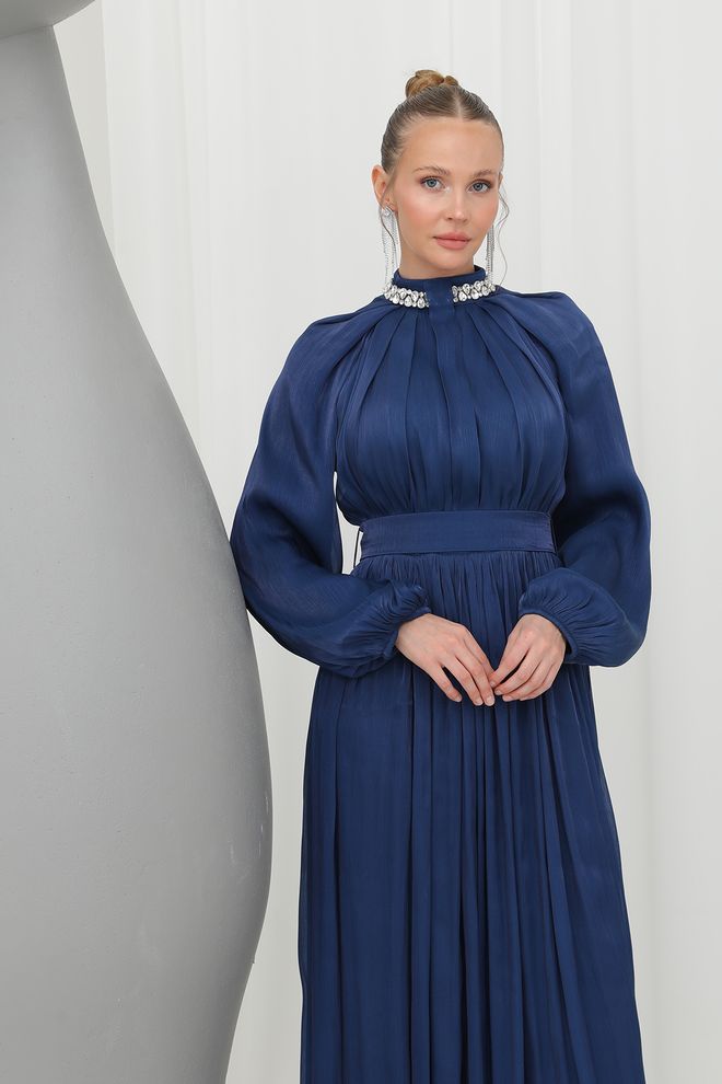 Puane Vestido De Noche De Chifón Con Detalles De Piedra Azul Marino Ropa al por mayor Elegante