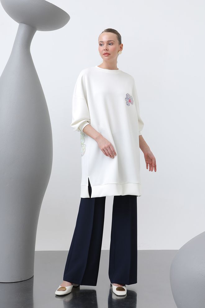 Puane Women's Front And Back Embroidery Detailed Garnished Tunic Wholesale Clothing Casual