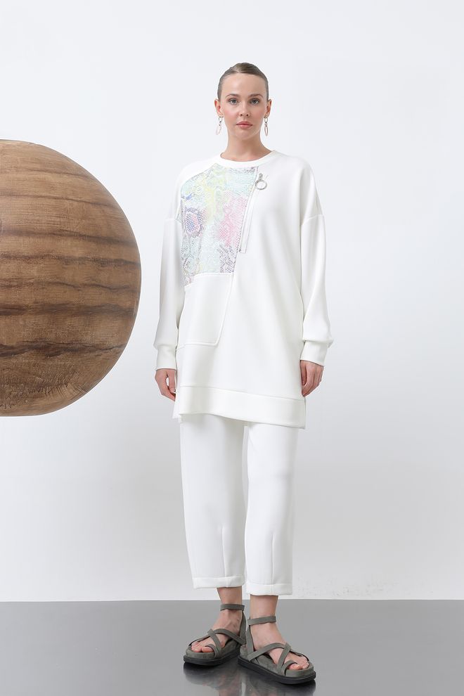 Puane Jacquard Broekset Met Gedetailleerde Ritssluiting Aan De Voorkant Ecru Groothandel Kleding Casual