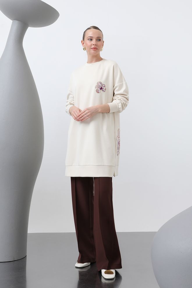 Puane Front And Back Embroidery Detailed Garnished Tunic Beige Wholesale Clothing Casual
