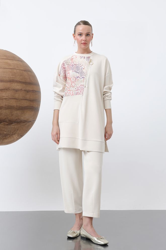 Puane Hosenset Mit Jacquard Reißverschluss Auf Der Vorderseite — Beige Großhandelskleidung Lässig