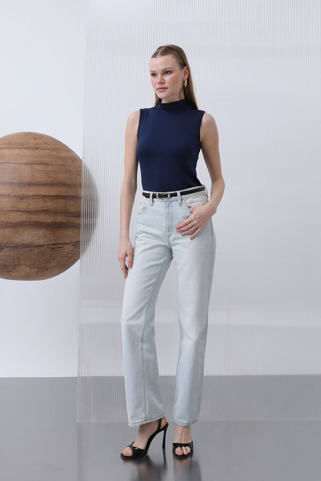 Puane Blusa Azul Marino Con Cuello Alto Y Mangas Casquillo Ropa al por mayor Casual