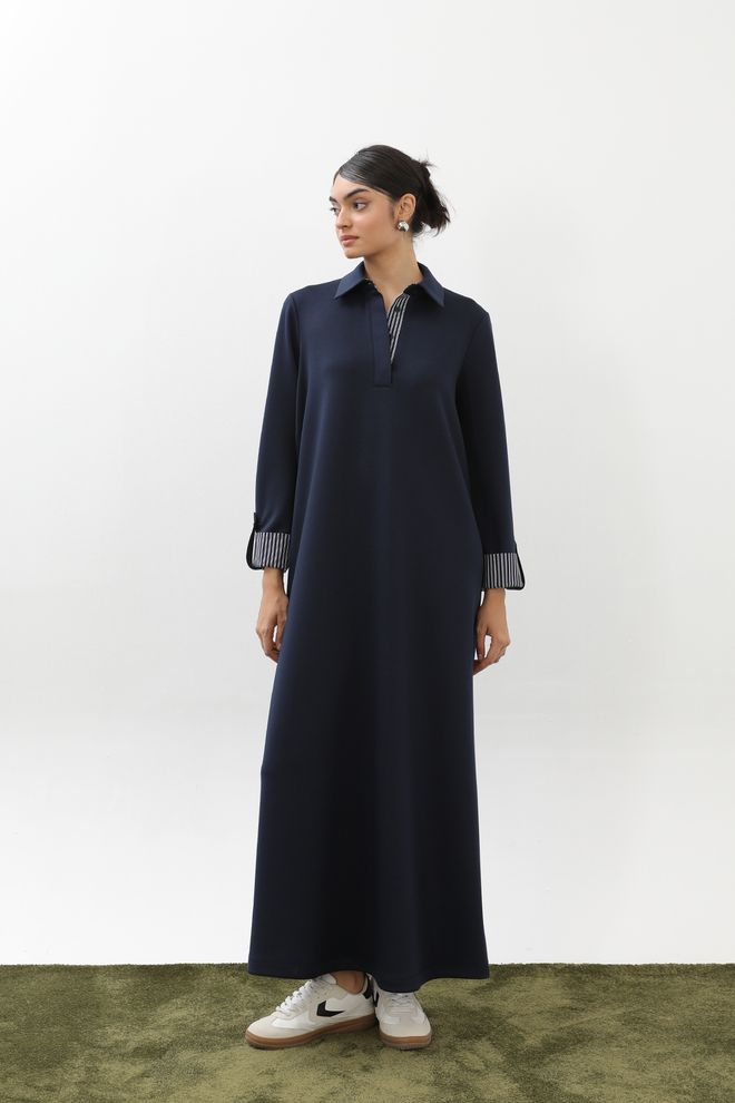 Puane Navy Blue Shift Dress With Polo Neck Wholesale Clothing Modest
