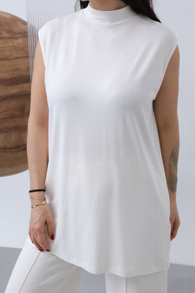 Puane White Blouse With High Neck And Cap Sleeves Wholesale Clothing Modest