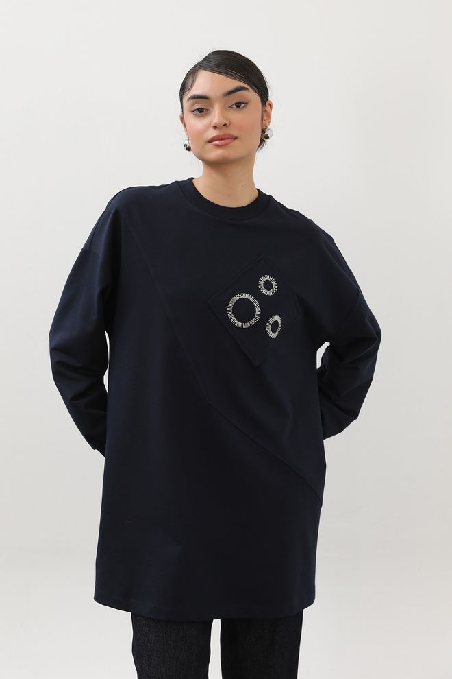 Puane Marineblauwe Oversized Casual Tuniek Groothandel Kleding Bescheiden