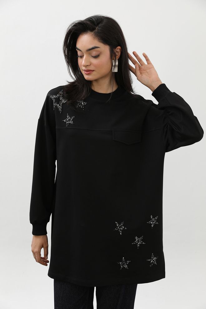Puane Μαύρο Τουνίκ Με Αστεράκια Oversized Μακρύ Μανίκι Χονδρικό εμπόριο ενδυμάτων Casual