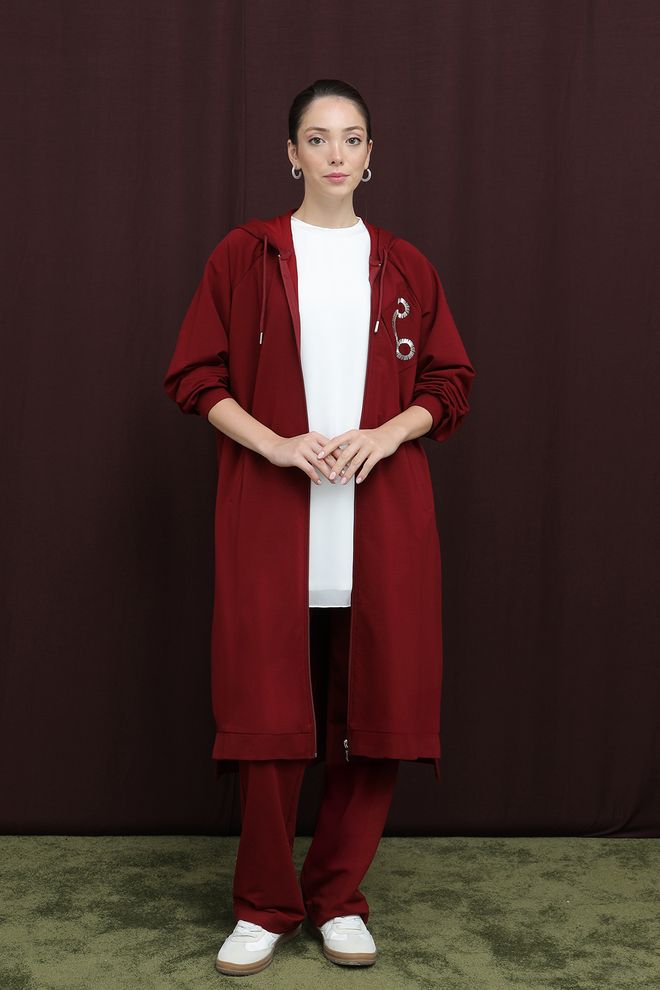 Puane Bordo Renk Oversize Günlük Bootcut Kesim Set Toptan Giyim Tesettür