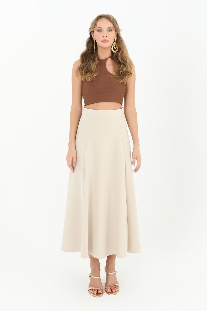Puane Beige High Waist Flared Midi Skirt Wholesale Clothing Casual