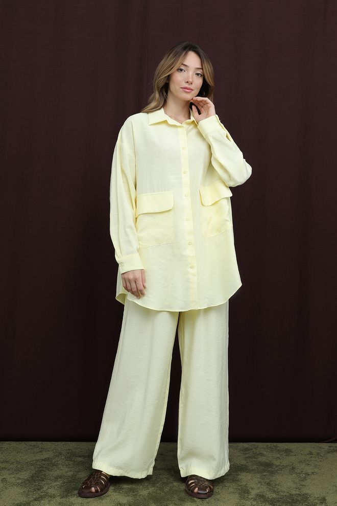 Puane Conjunto Amarelo Casual Elegante Com Calças Palazzo Roupas por atacado Modesto