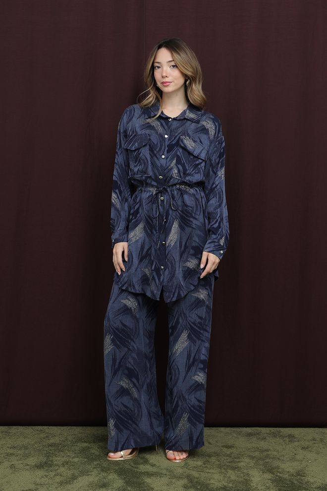 Puane Set Marineblauw Met Gelaagde Midi Rok & Geknoopt Topje Groothandel Kleding Casual