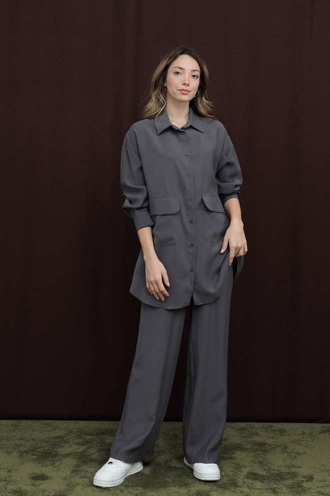 Puane Conjunto Cinzento Casual Streetwear Oversized Palazzo Roupas por atacado Modesto