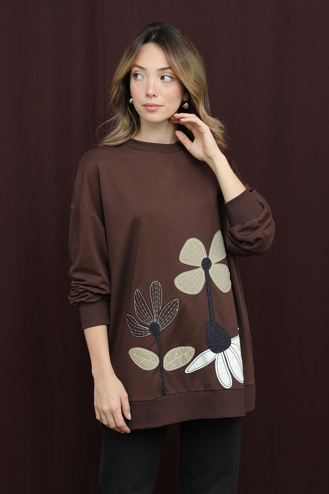 Puane Brown Floral Oversized Casual Tunic Wholesale Clothing Modest