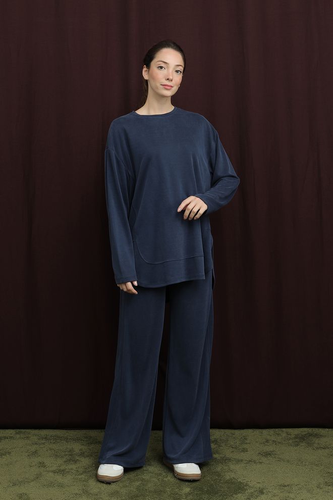 Puane Set Bleumarin Casual Conservator Cu Pantaloni Palazzo Îmbrăcăminte cu ridicata Conservator