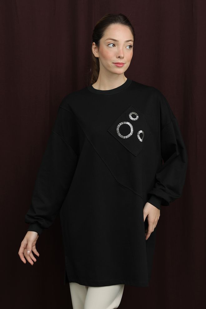 Puane Μαύρο Casual Oversized Τουνίκ Με Στρογγυλή Λαιμόκοψη Χονδρικό εμπόριο ενδυμάτων Απλό