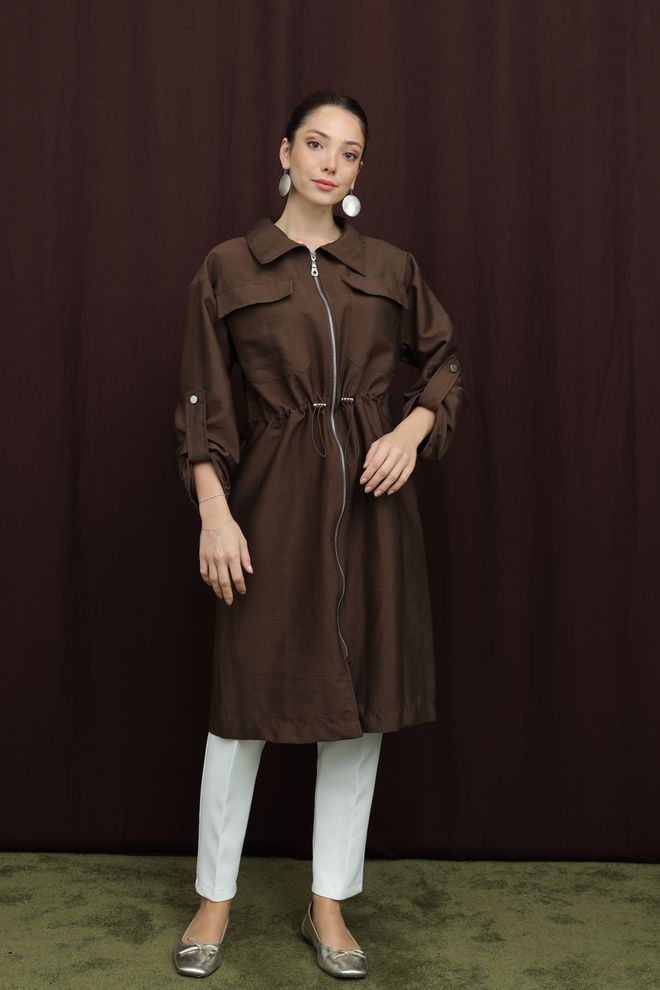 Puane Brown Single Breasted Long Coat With Zip Up Flap Pockets Wholesale Clothing Modest