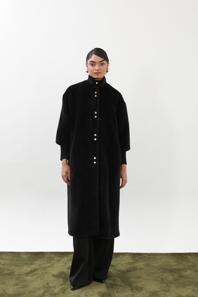 Puane Black Oversized Single Breasted Coat With High Collar Wholesale Clothing Modest