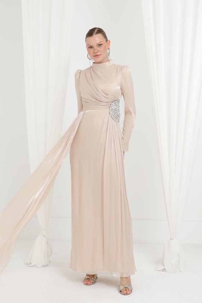 Puane Beige Wrap Dress With Sequined High Neck For Formal Events Wholesale Clothing Modest