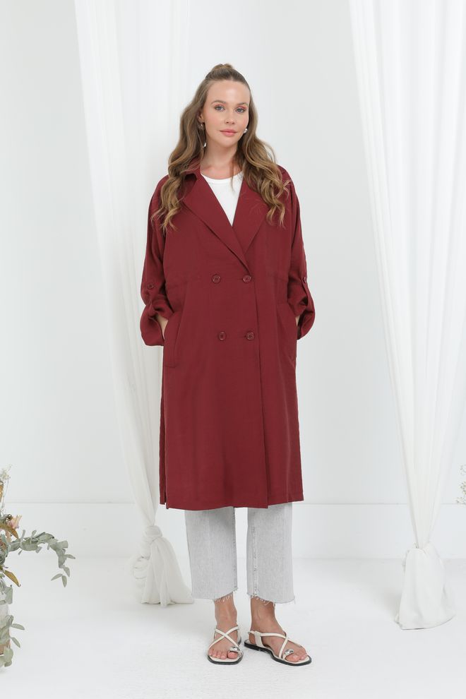 Puane Claret Red Single Breasted Long Coat Wholesale Clothing Modest