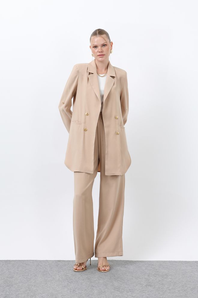 Puane Traje Beige Elegante Formal Con Pantalones Palazzo De Pierna Ancha Ropa al por mayor Formal