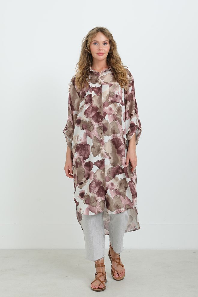 Puane Braune Schalkragen Oversize Tunika Großhandelskleidung Modest