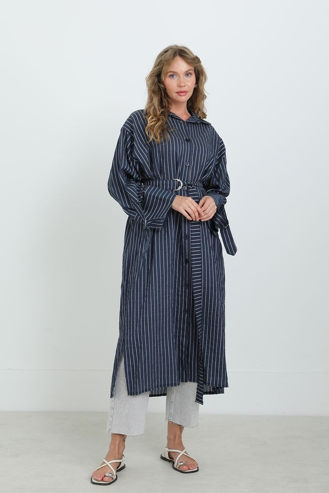 Puane Μπλε Μαρέν Ριγέ Oversized Τουνίκ Με Γιακά Σάλι Χονδρικό εμπόριο ενδυμάτων Απλό