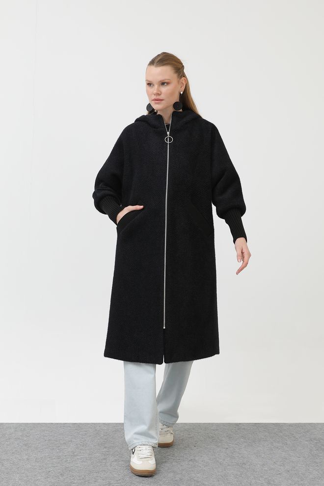 Puane Zwarte Oversized Lange Jas Met Capuchon Groothandel Kleding Bescheiden