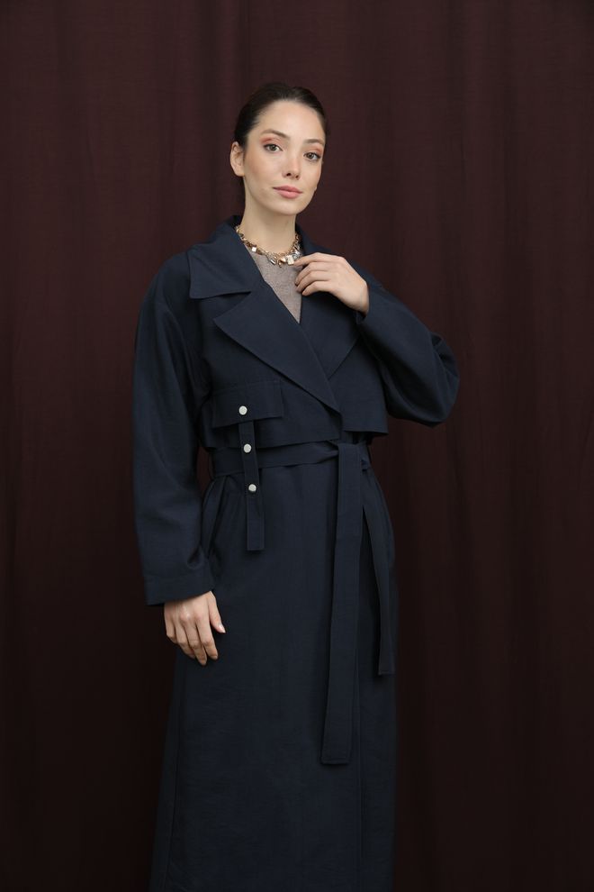 Puane Navy Blue Trenčkot Elegantný Jednoradový Zavinovací Veľkoobchod s oblečením 1