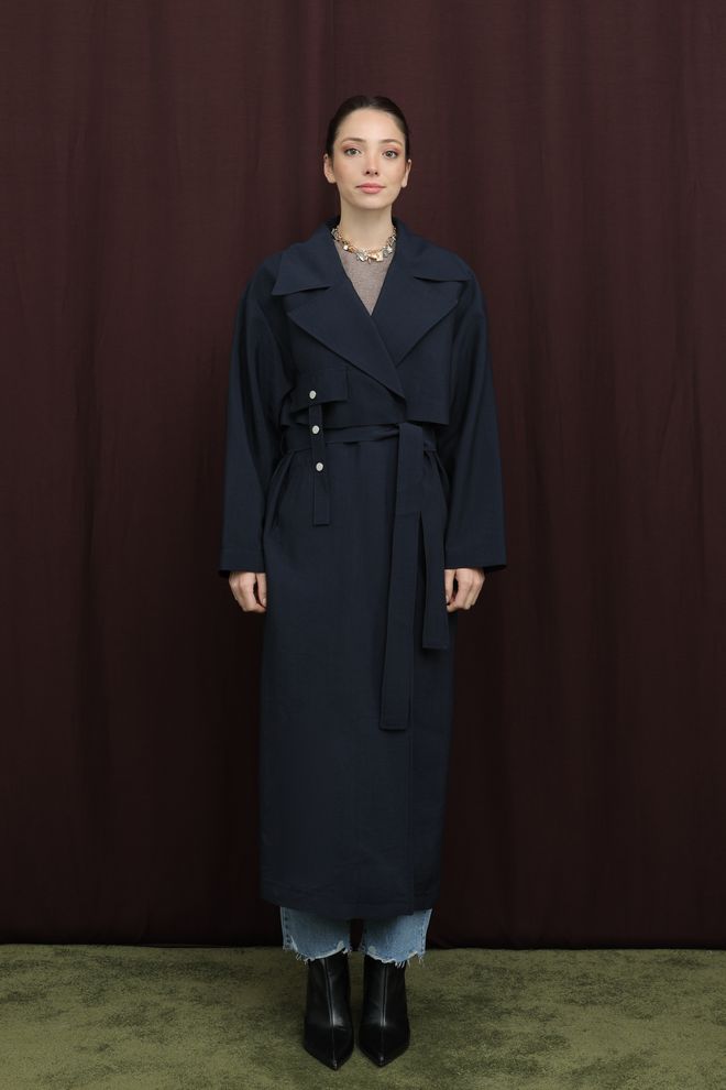 Puane Navy Blue Trenčkot Elegantný Jednoradový Zavinovací Veľkoobchod s oblečením Práca