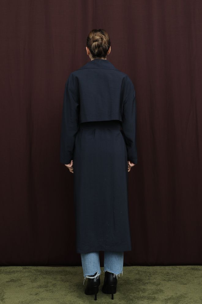 Puane Navy Blue Trenčkot Elegantný Jednoradový Zavinovací Veľkoobchod s oblečením Vintage