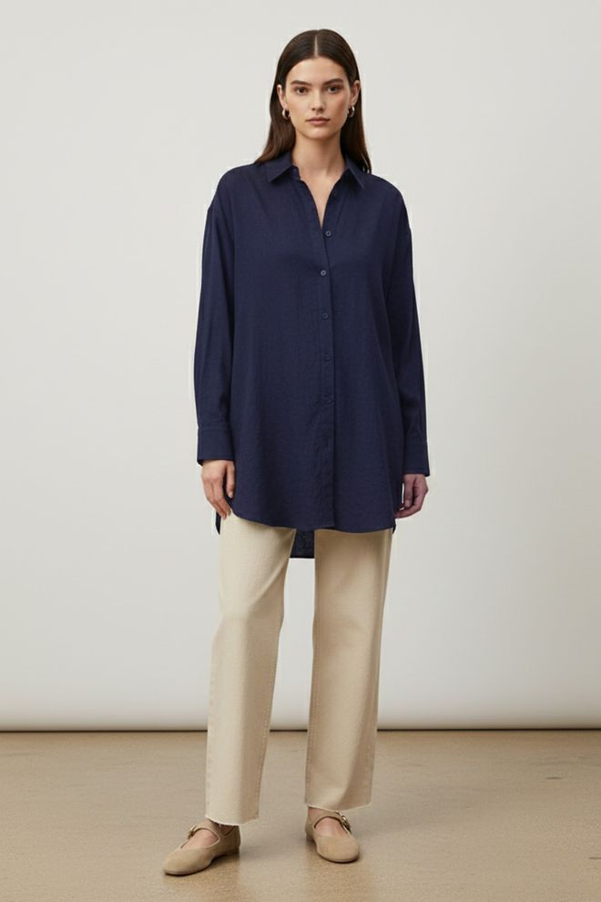 Puane Navy Blue Shirt With Notched Neck And Oversized Fit Wholesale Clothing 1