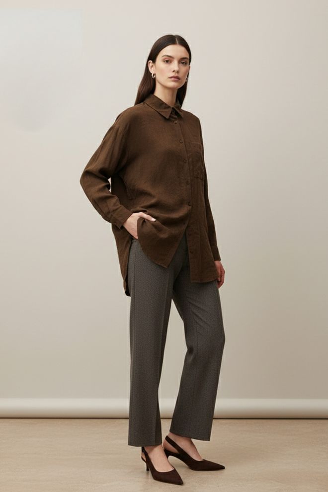 Puane Brown Casual Formal Modest Oversized Long Sleeve Shirt Wholesale Clothing 1