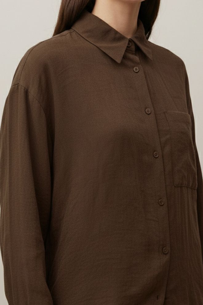 Puane Brown Casual Formal Modest Oversized Long Sleeve Shirt Wholesale Clothing Lounge