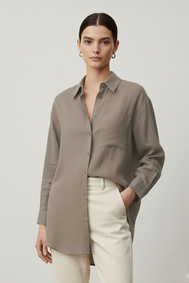 Puane Camisa Caqui Con Cuello Chal Y Botones De Talla Grande Largo Ropa al por mayor Casual