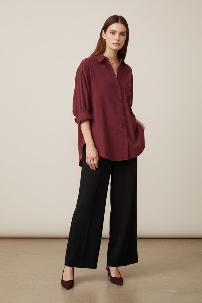 Puane Claret Red Shirt With Notched Neck And 3/4 Sleeves Wholesale Clothing 1