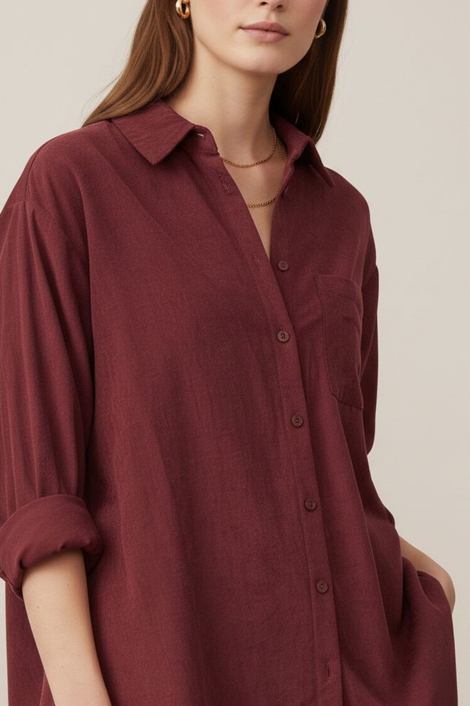 Puane Claret Red Shirt With Notched Neck And 3/4 Sleeves Wholesale Clothing Work