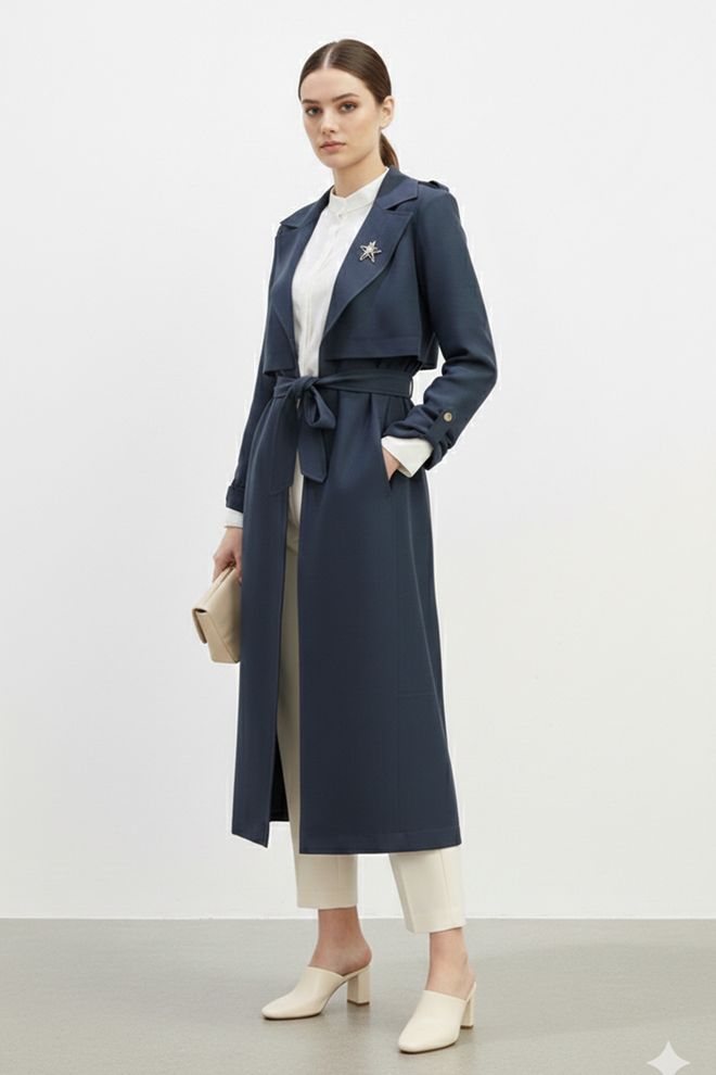 Puane Bleumarin Elegant Trenci Cu Un Rând De Nasturi Îmbrăcăminte cu ridicata Casual