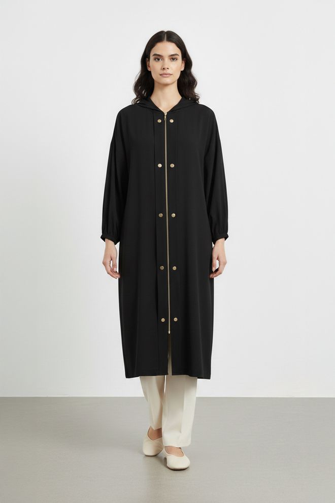 Puane Black Cardigan Oversized Zip Up With Hooded Neck Wholesale Clothing Modest