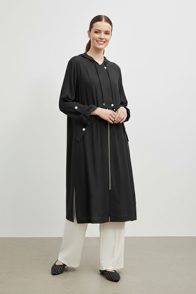 Puane Black Hooded Long Coat With Zip And Flap Pockets Wholesale Clothing 1