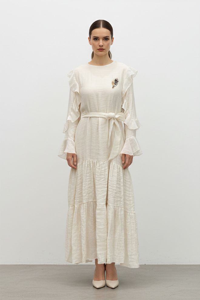 Puane Beżowa Elegancka Sukienka W Kształcie Litery A Z Falbanianymi Rękawami Hurtowa sprzedaż odzieży Skromny