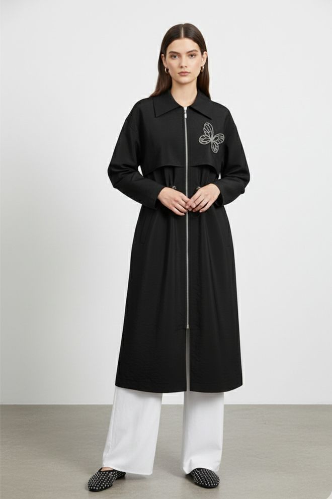 Puane Черно Късо Палто С Класическа Яка И Цип Дрехи на едро Скромна мода