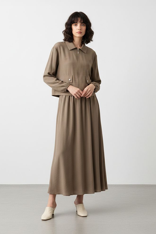 Puane جلس الكاكي غير رسمي أنيق تنورة ماكسي متوهجة ملابس بالجملة محتشم