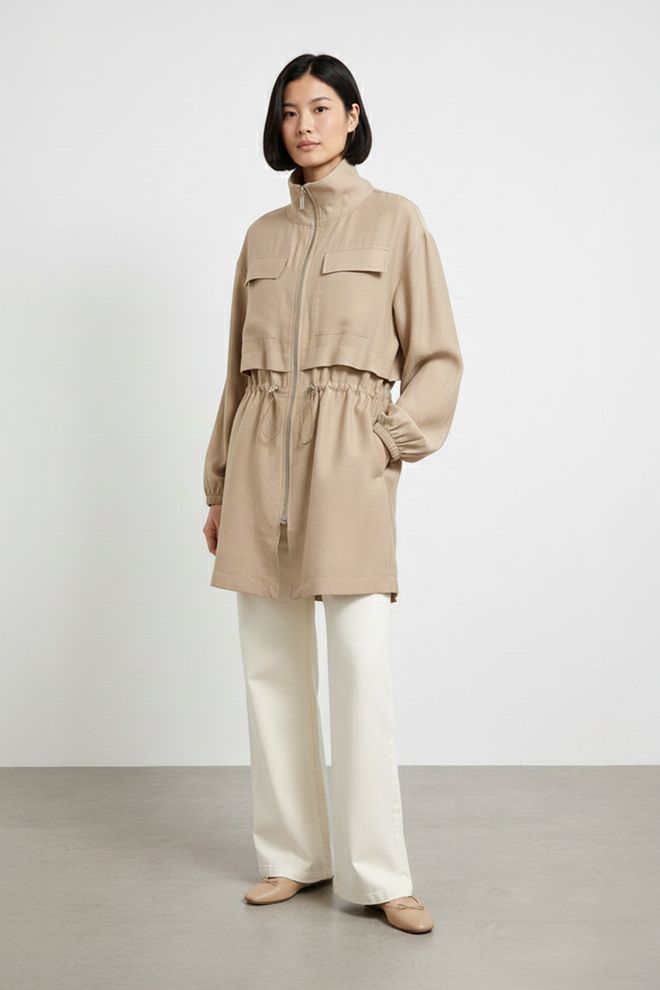 Puane Бежевая Шакет Куртка С Высоким Воротником И Карманами С Клапаном Оптовая продажа одежды Скромный