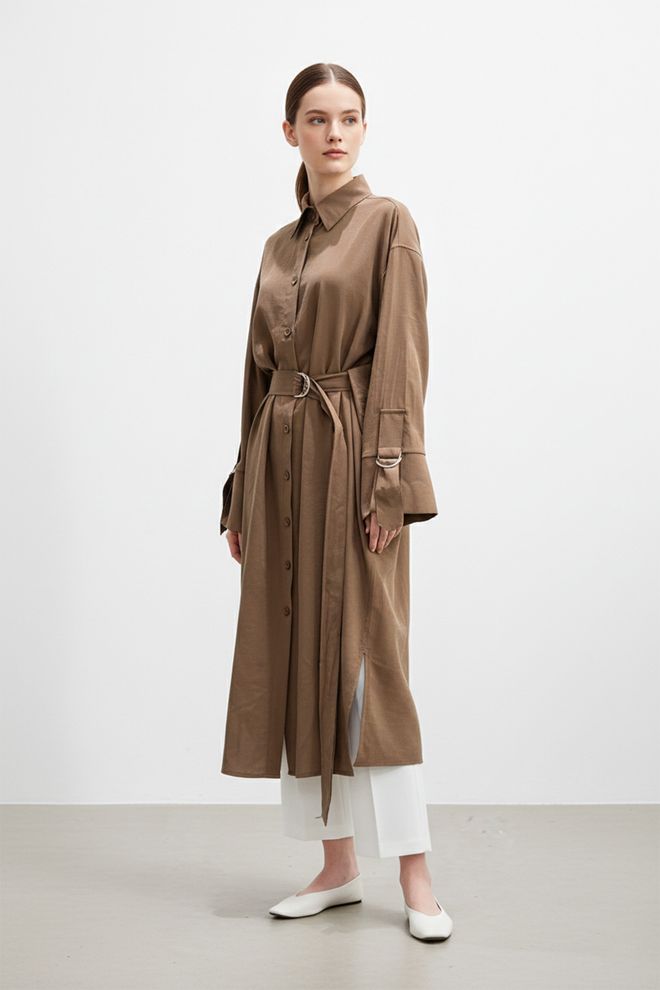 Puane Tunique Brun Col Polo Boutonnée Vêtements en gros Modeste