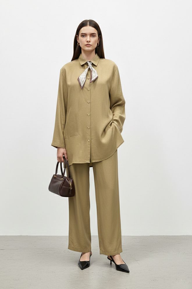 Puane Elegantný Formálny Set Khaki S Palazzo Nohavicami Veľkoobchod s oblečením Skromný