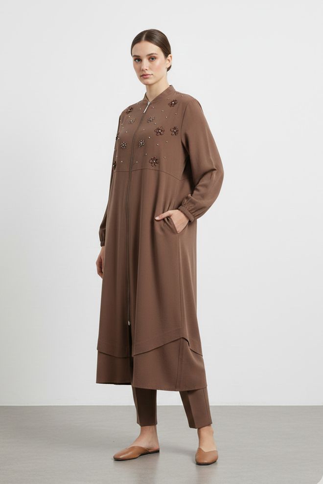 Puane Kahverengi Fermuarlı Ve Şal Yakalı Hırka Toptan Giyim Tesettür