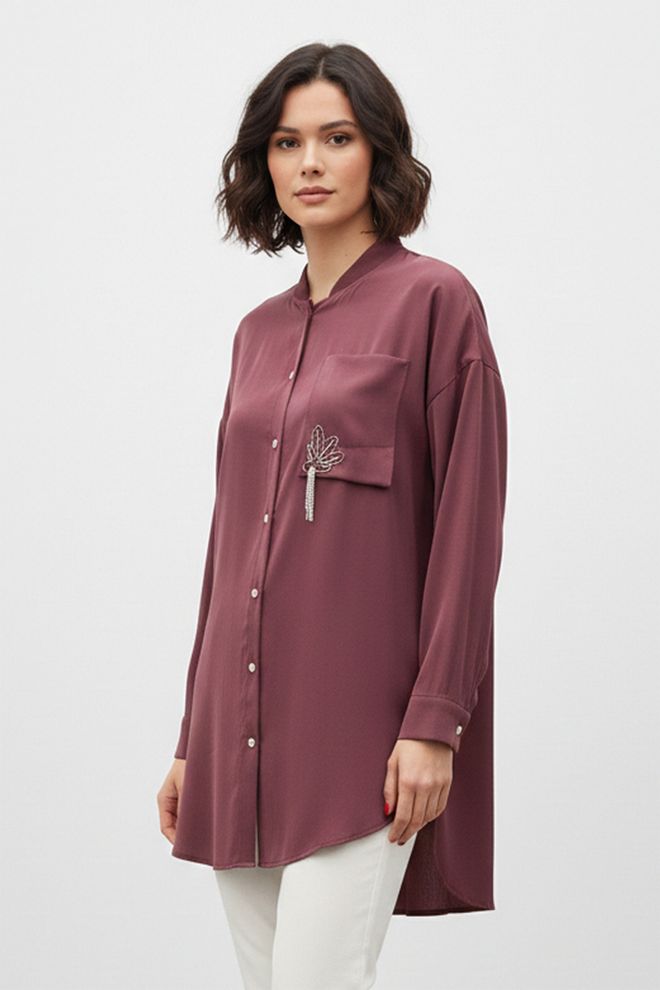 Puane Marškiniai Tamsiai Raudona Oversized Su Šalio Apykakle Didmeninė prekyba drabužiais Apykaklė su įkirpimu