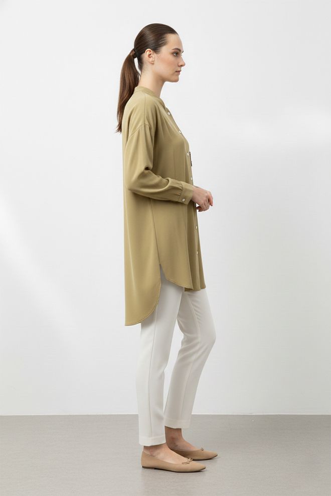 Puane Khaki Shirt With Grandad Neck And Oversized Fit Wholesale Clothing 1