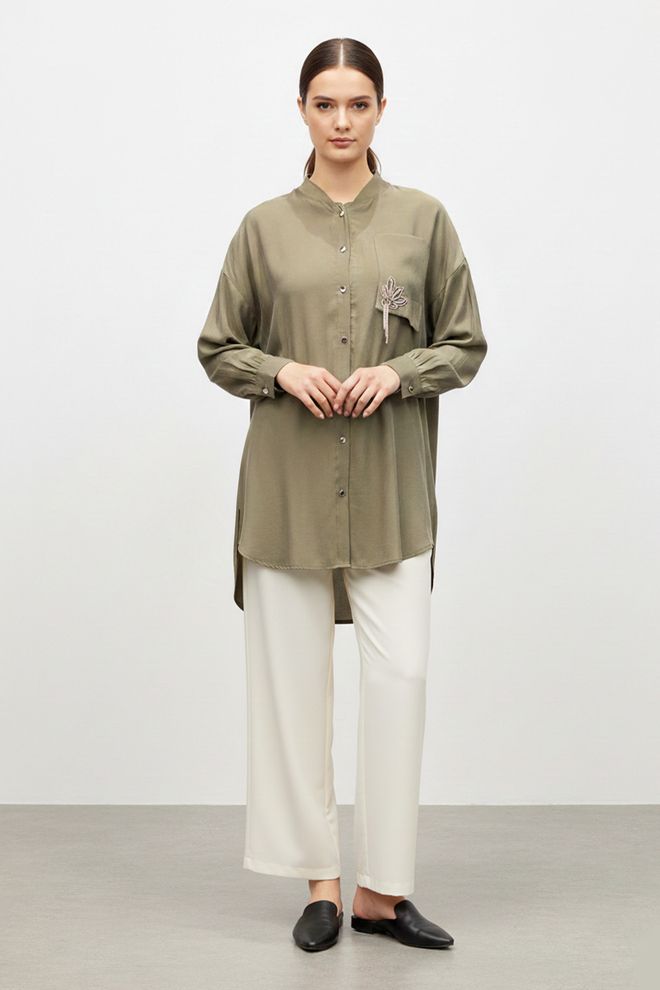 Puane Khaki Bescheiden Casual Elegante Shirt Groothandel Kleding Bescheiden