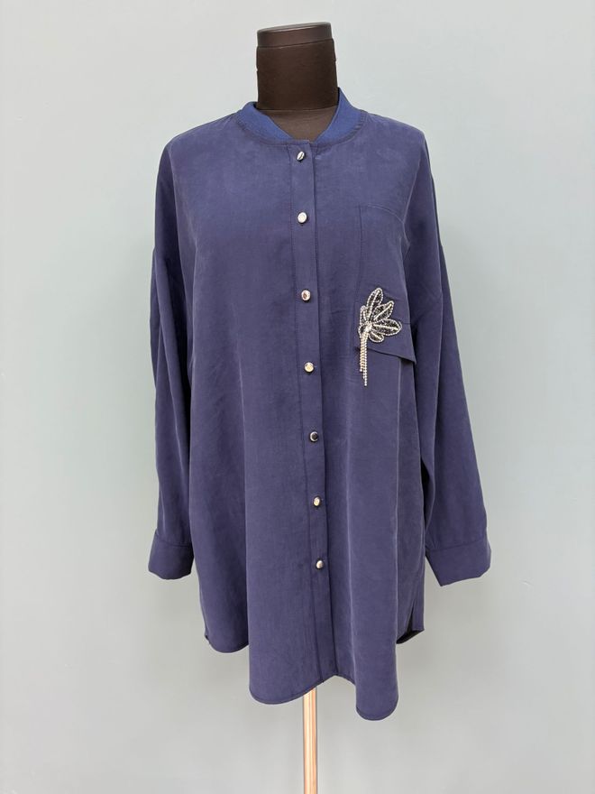 Puane Lacivert Düğmeli Uzun Kollu Bol Kesim Gömlek Toptan Giyim Gündelik