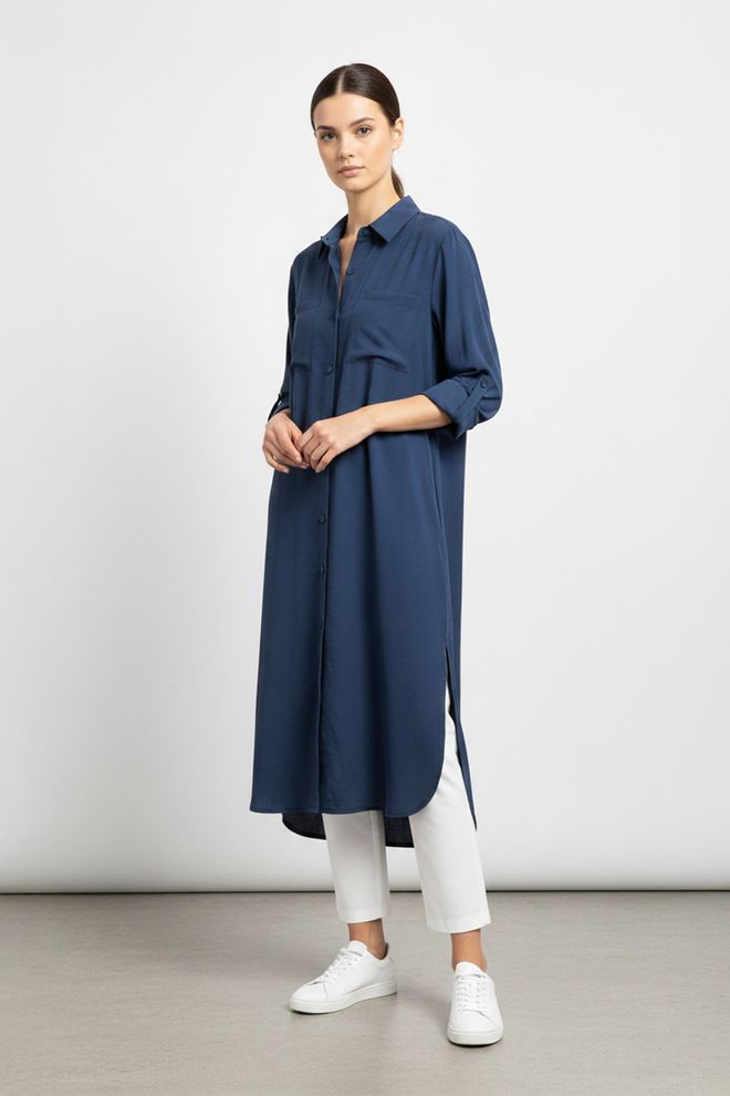 Puane Tunique Bleu Marine À Col Polo Avec Fermeture Boutonnée Vêtements en gros Modeste